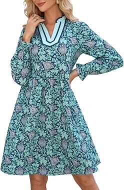 Blue Floral Mini Dress V Neck Long Puff Sleeve Boho Ruffle Collar Medium